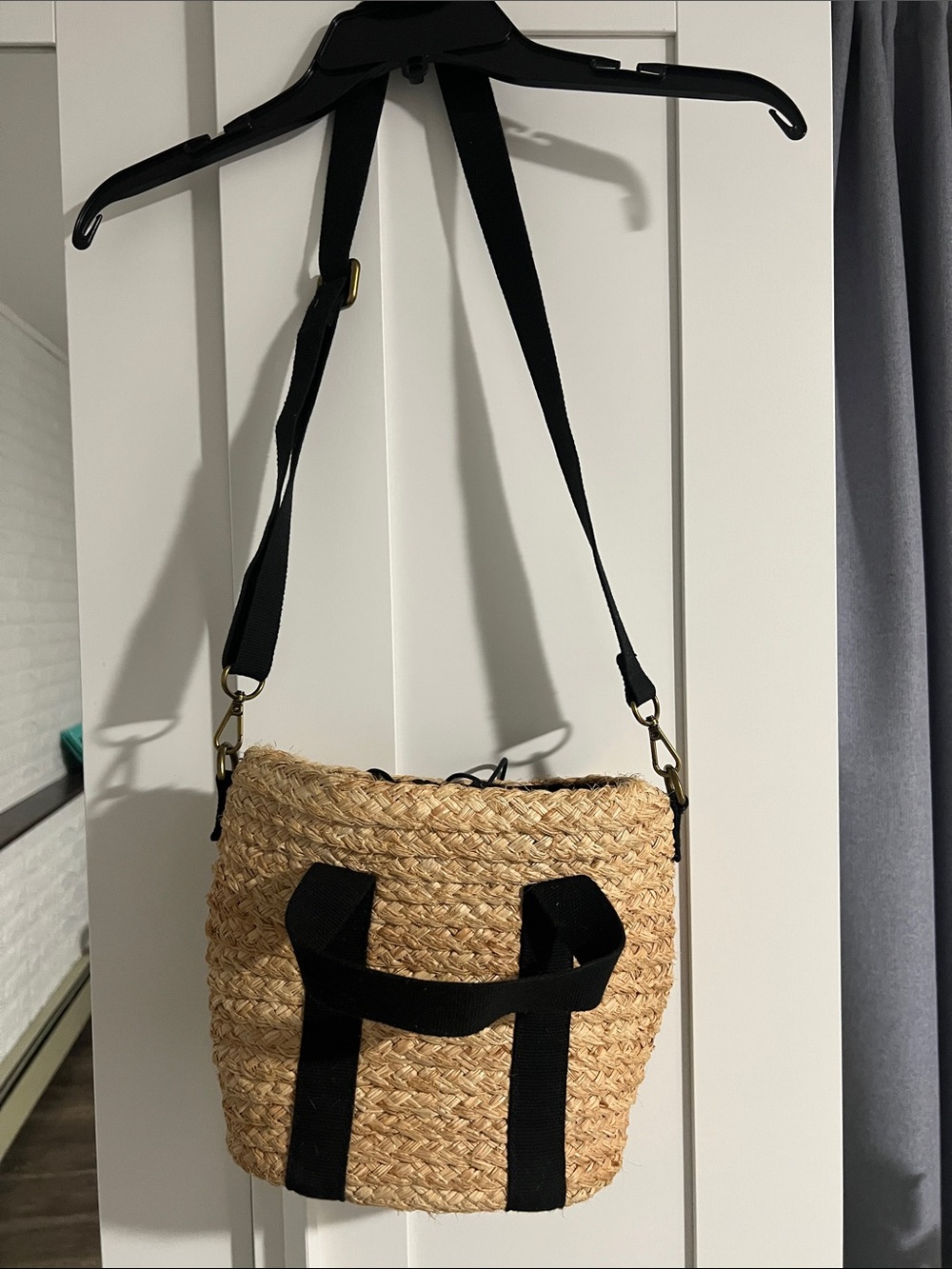 Jcrew Woven Straw Bucket Bag with Black Straps